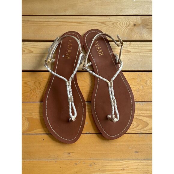 LAUREN RALPH LAUREN White Silver Leather Gladiator Sandals Size 9.5 - Picture 1 of 7